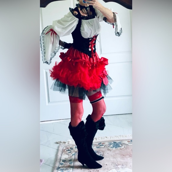 Costume mini skirt Ruffles ribbons tulle & bows Red & Black elastic waist sz S-L - Picture 7 of 10